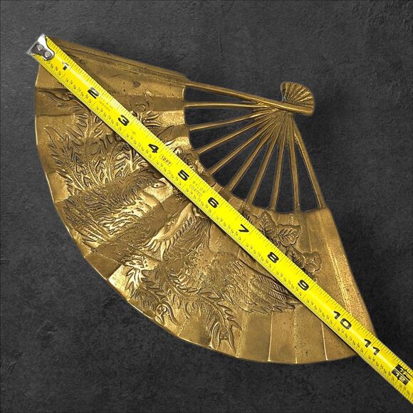 Vintage Brass Wall Fan Asian Motif Cranes & Foliage Heavy 11" Mid-Century Decor - Picture 4 of 5